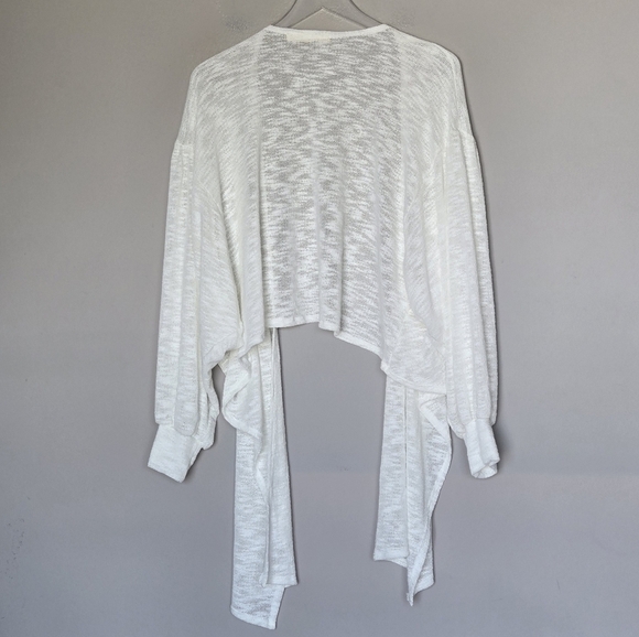 Stitch + Feather Tie Front Cardigan Balloon Sleeves Gauzy Layering Boho Sweater - Picture 5 of 12